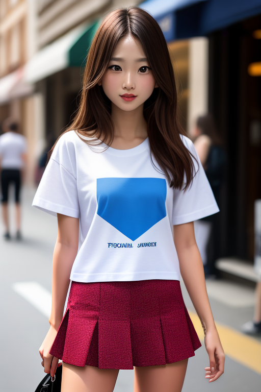  (adult:1.4), Young alluring girl, fashionable t-shirt, short skirt, on street, masterpiece, (detailed face), (detailed clothes), 1 girl, (woman), f/1.4, ISO 200, 1/160s, 4K, unedited, symmetrical balance, in-frame