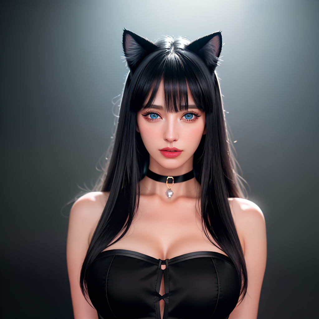  1girl, animal ears, bangs, black choker, black hair, blue eyes, blurry, cat ears, choker, closed mouth, collarbone, eyelashes, lips, long hair, looking at viewer, portrait, solo,(shiny skin),realistic,fashi-girl,mature female hyperrealistic, full body, detailed clothing, highly detailed, cinematic lighting, stunningly beautiful, intricate, sharp focus, f/1. 8, 85mm, (centered image composition), (professionally color graded), ((bright soft diffused light)), volumetric fog, trending on instagram, trending on tumblr, HDR 4K, 8K
