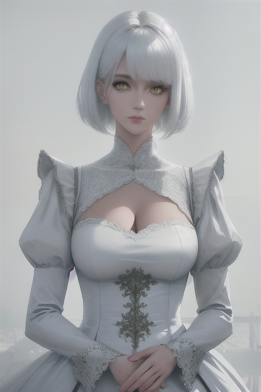  Bob of white hair, round yellow eyes, girls, cute dress hyperrealistic, full body, detailed clothing, highly detailed, cinematic lighting, stunningly beautiful, intricate, sharp focus, f/1. 8, 85mm, (centered image composition), (professionally color graded), ((bright soft diffused light)), volumetric fog, trending on instagram, trending on tumblr, HDR 4K, 8K