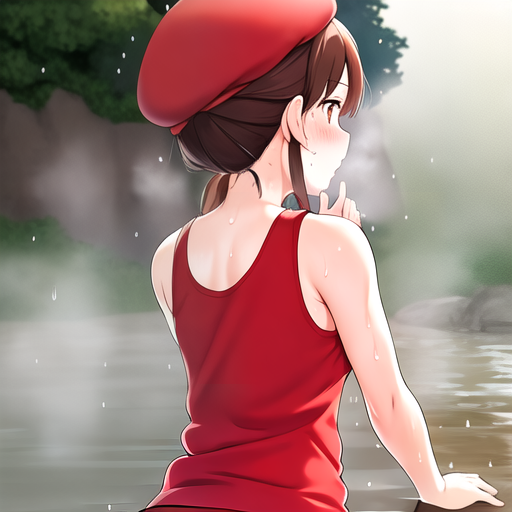  masterpiece, best quality, 1girl, brown cardigan, red beret, dark brown hair, snowy background, drawn by studio ghibli, studio ghibli (style), (( wet clothes )), (( wet )), (( sweat )), (( white tank top )), (( water )), (( raining )), (( wading )), (( hand up )), (( back ))