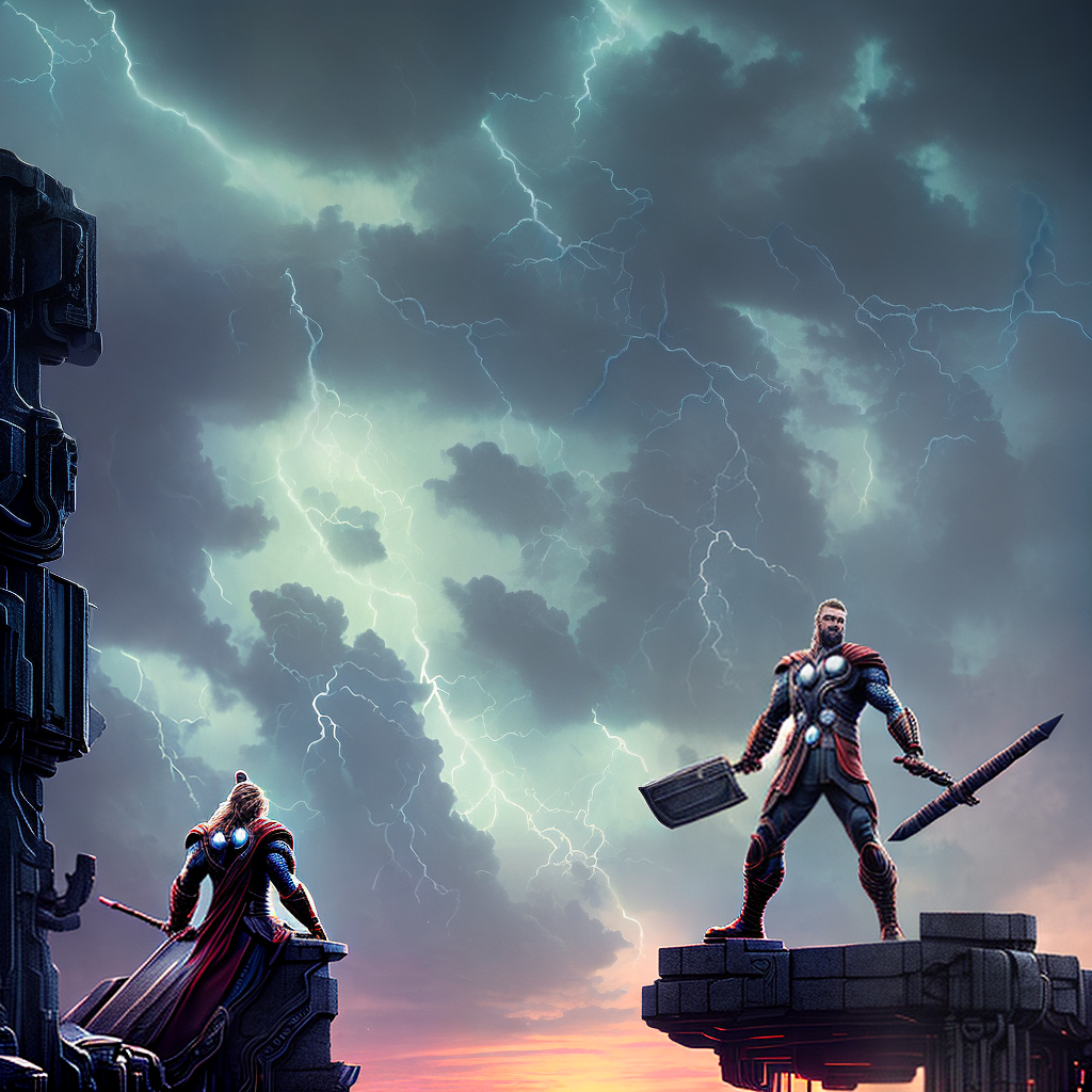 nvinkpunk ((Best quality)), 8k, high detailed, ultra-detailed. The masterpiece of FantasyHyperRealisticMythologicalMarvelsThor. Thor, the god of thunder, standing on a mountaintop, ((holding Mjolnir, his mighty hammer)), surrounded by storm clouds and lightning bolts, with a dramatic sunset sky in the background. hyperrealistic, full body, detailed clothing, highly detailed, cinematic lighting, stunningly beautiful, intricate, sharp focus, f/1. 8, 85mm, (centered image composition), (professionally color graded), ((bright soft diffused light)), volumetric fog, trending on instagram, trending on tumblr, HDR 4K, 8K