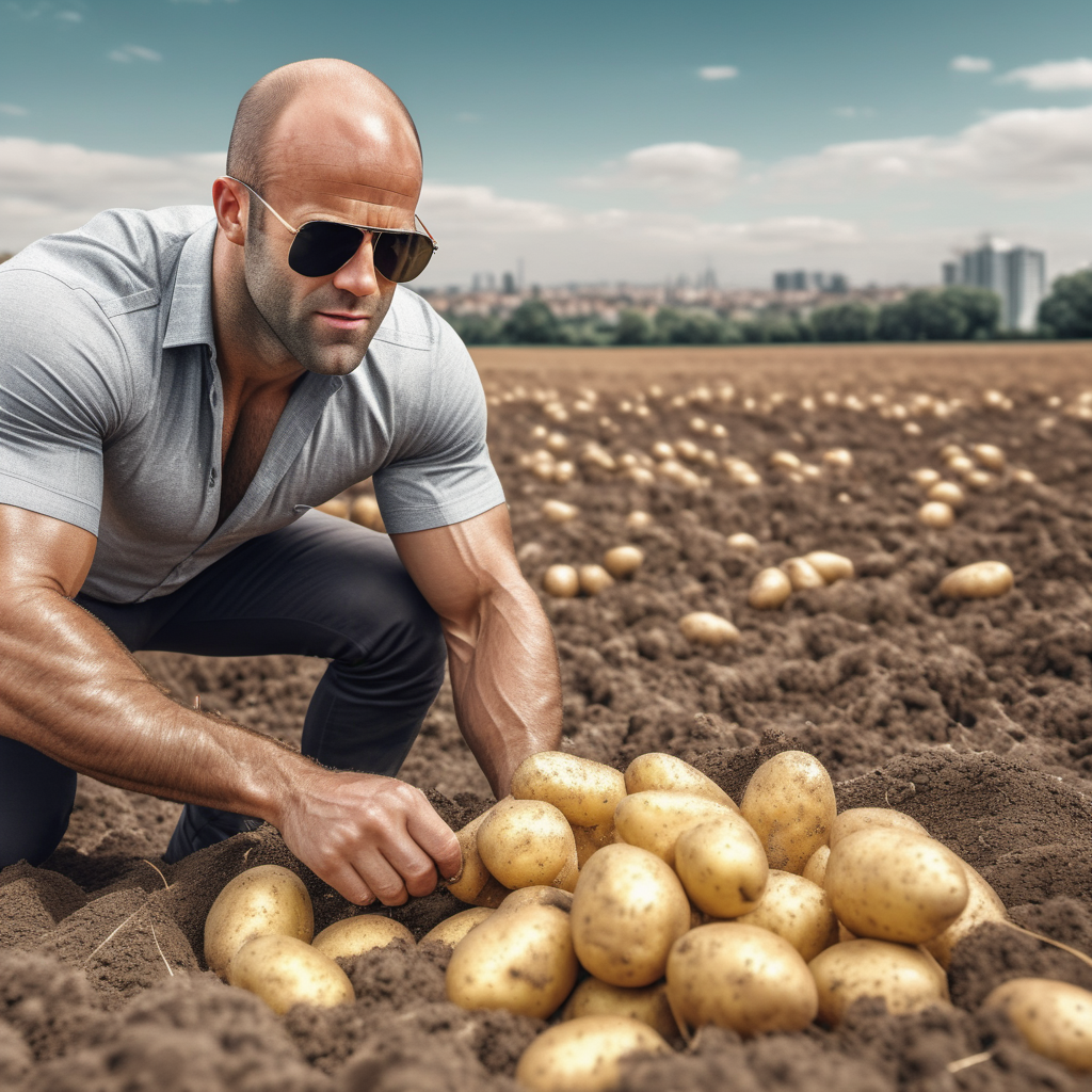  RAW photo of a Jason Statham digging potatoes in a potato field, the style of realistic hyper-detailed, transparent sunglasses, detailed facial features, dry, heat exhaustion cityscape, metallic ethereal Ian, eye-catching detail, blink-and-you-miss-it-detail, instagram, colorized, ((detailed face))