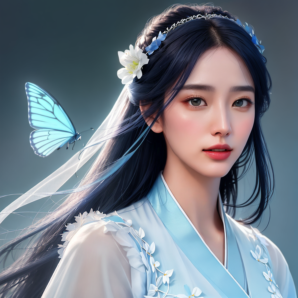  masterpiece, best quality,(Fidelity: 1.4), Best Quality, Masterpiece, Ultra High Resolution, Poster, Fantasy Art, Very Detailed Faces, 8k resolution, Chinese Style, An woman, Side Face, Quiet, Light Blue Hanfu, Tulle Coat, Long Black Hair, Light Blue Fringed Hair Ornament, Hairpin, White Ribbon, White Flower Bush, Light Blue Butterfly Flying, cinematic lighting effects, hyperrealistic, full body, detailed clothing, highly detailed, cinematic lighting, stunningly beautiful, intricate, sharp focus, f/1. 8, 85mm, (centered image composition), (professionally color graded), ((bright soft diffused light)), volumetric fog, trending on instagram, trending on tumblr, HDR 4K, 8K
