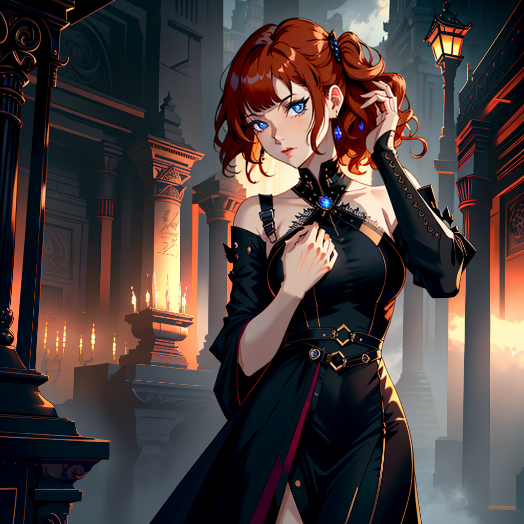 ((trending, highres, masterpiece, cinematic shot)), 1girl, chibi, female goth clothing, temple scene, short wavy orange hair, asymmetrical bangs, blue eyes, shy personality, mischievous expression, fair skin, epic, energetic hyperrealistic, full body, detailed clothing, highly detailed, cinematic lighting, stunningly beautiful, intricate, sharp focus, f/1. 8, 85mm, (centered image composition), (professionally color graded), ((bright soft diffused light)), volumetric fog, trending on instagram, trending on tumblr, HDR 4K, 8K