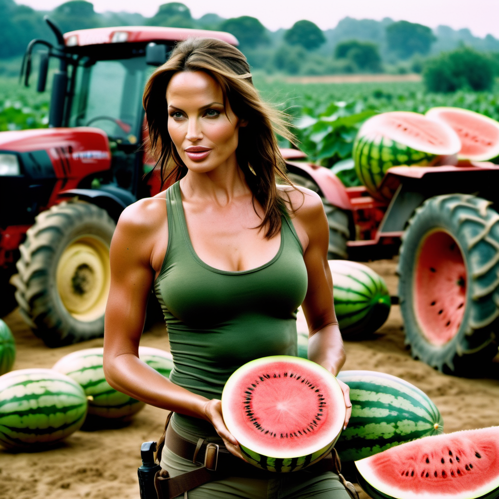  cinematic photo Lara Croft holds two watermelons in her hands, two watermelons pressed to his chest, whole watermelons, Angelina Jolie, a slight smile, action pose, full heigh body, a tractor in the background . 35mm photograph, film, bokeh, professional, 4k, highly detailed