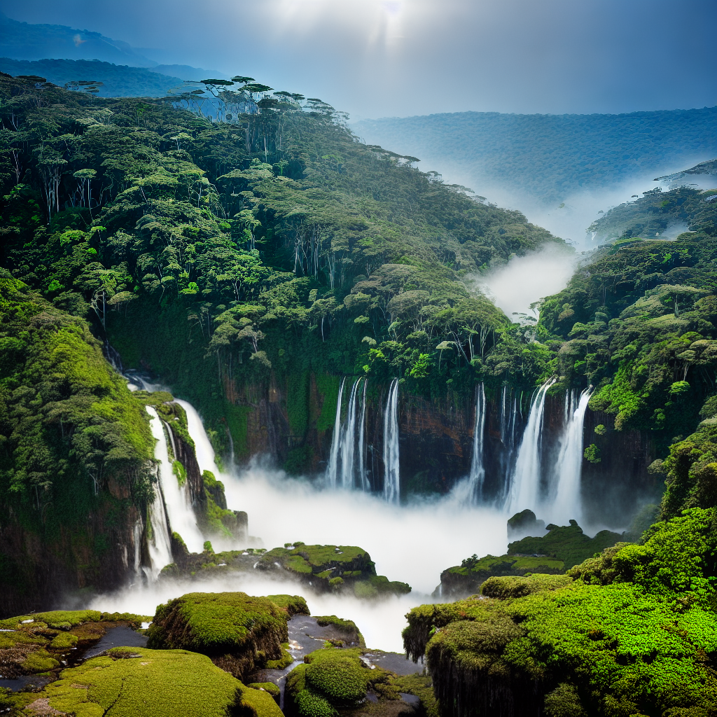  A breathtaking masterpiece capturing the majestic highlands of the Amazon in the highest quality. This ultra-detailed 8k artwork showcases the dramatic rise of the mountains in the upper left corner, crowned with cascading waterfalls that create misty pools below. The crashing waters form rainbows, beautifully catching the sun's rays. Surrounding the mountains are dense forests with varying shades of green, indicating diverse vegetation at different altitudes. Graceful birds of prey soar above the peaks, riding the thermals. The mountain bases, nourished by the mist of the waterfalls, host unique flora and fauna adapted to the cool, moist environment. This artwork encapsulates the raw, untamed beauty and vitality of the Amazon's elevated te hyperrealistic, full body, detailed clothing, highly detailed, cinematic lighting, stunningly beautiful, intricate, sharp focus, f/1. 8, 85mm, (centered image composition), (professionally color graded), ((bright soft diffused light)), volumetric fog, trending on instagram, trending on tumblr, HDR 4K, 8K
