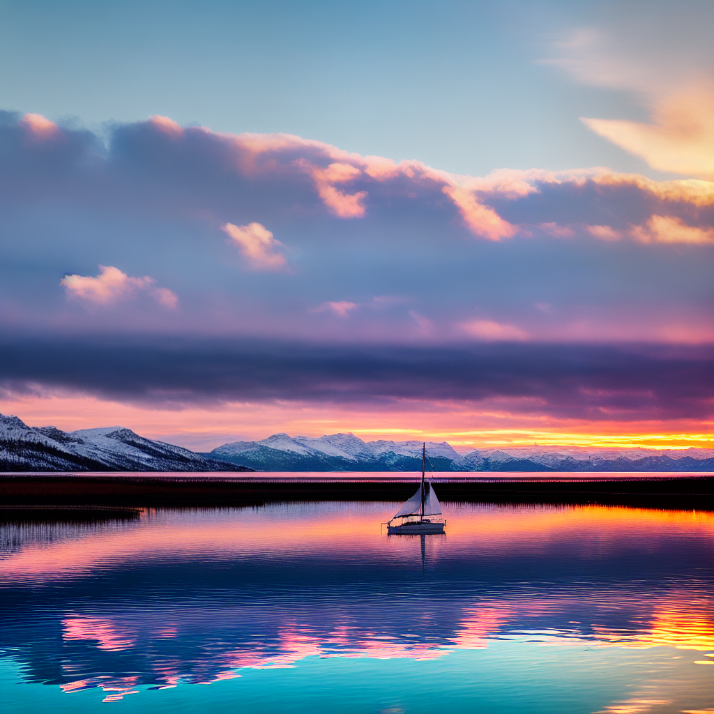  A mesmerizing masterpiece with the best quality, 8k resolution, and high detailed elements. The scene features a serene lake reflecting the vibrant colors of a breathtaking sunset. The water shimmers with golden hues as it gently laps against the shore. A majestic mountain range, (snow-capped peaks), stretches across the horizon, bathed in the warm glow of the setting sun. In the distance, a lone sailboat gracefully glides through the calm waters, its sails billowing in the gentle breeze. The sky above is adorned with wisps of (pink and orange) clouds, creating a captivating contrast against the deep blue hues. The entire scene is bathed in a soft, warm light, casting a magical ambiance over the landscape. hyperrealistic, full body, detailed clothing, highly detailed, cinematic lighting, stunningly beautiful, intricate, sharp focus, f/1. 8, 85mm, (centered image composition), (professionally color graded), ((bright soft diffused light)), volumetric fog, trending on instagram, trending on tumblr, HDR 4K, 8K