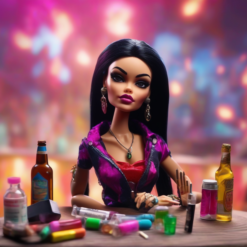  bratz doll with black hair as a harlot with cigarette, alcohol and drugs. Realistic details, dynamic pose, vibrant colors, UHD, RevAnimated V2.0.