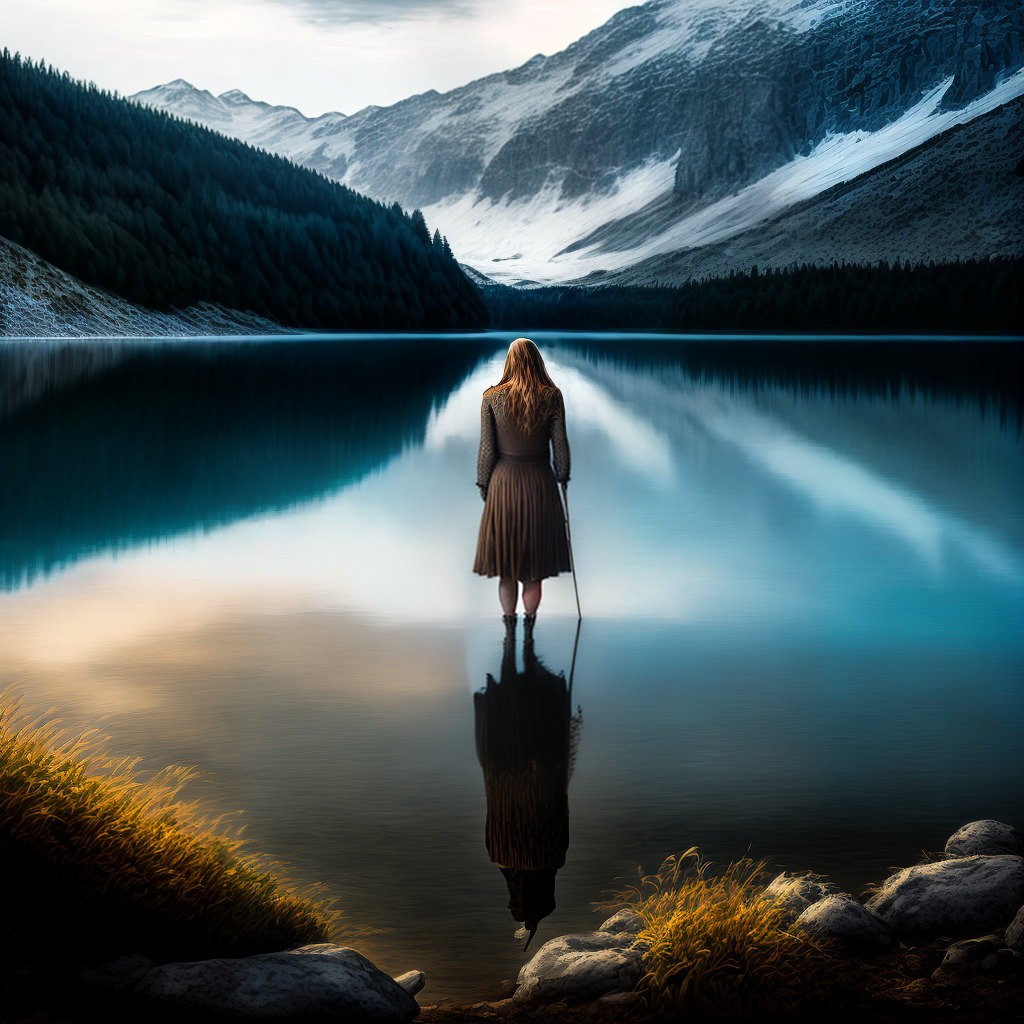  经过艰辛的跋涉，艾丽莎终抵达湖泊。满月的光辉照耀下，湖水闪烁银色光芒，宛如一面巨大的镜子。她静静等待，心中充满期待。