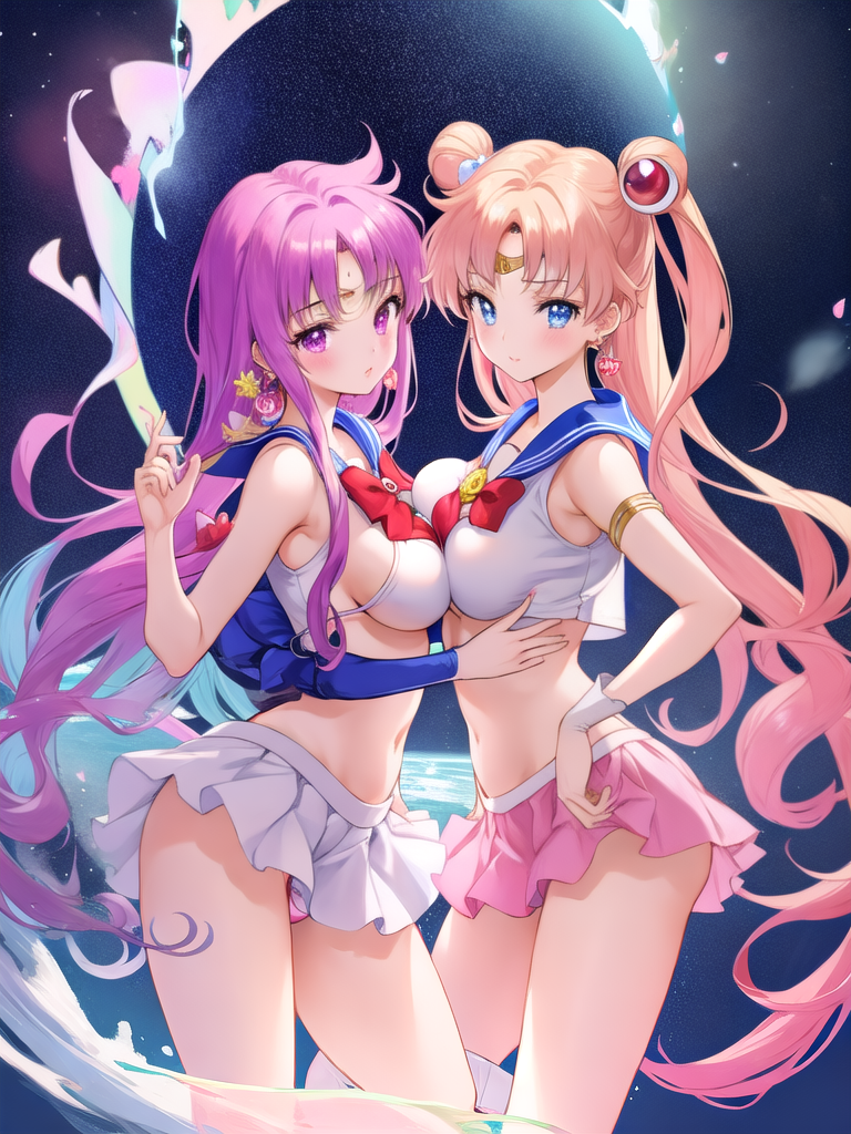  Sexy, sailor moon, 2 girls, front view, small clothes, tiny panty, photo quality, hyper realistic, cgi, hentai, big boobs