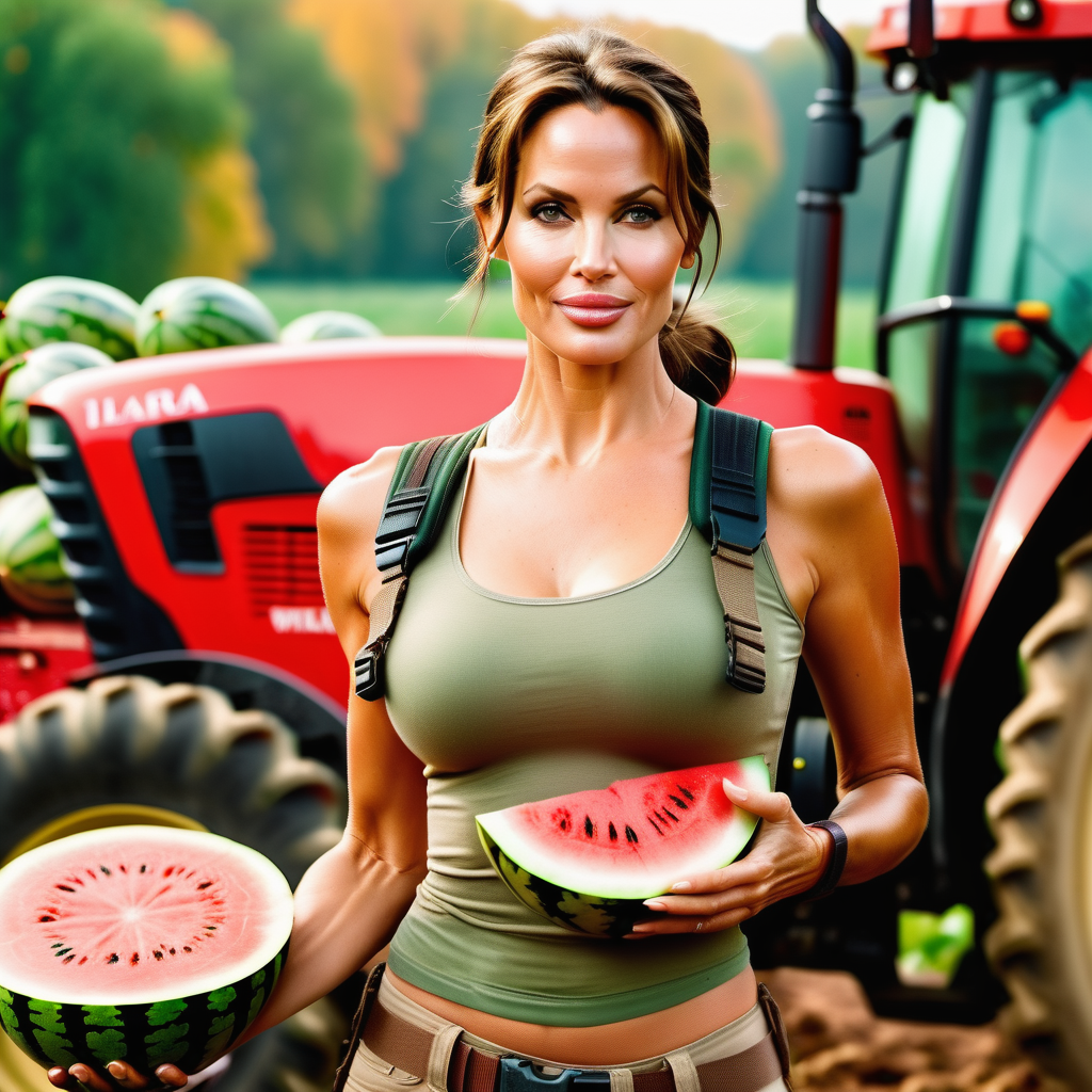  cinematic photo Lara Croft holds two watermelons in her hands, two watermelons pressed to his chest, whole watermelons, Angelina Jolie, a slight smile, action pose, full heigh body, a tractor in the background, autumn . 35mm photograph, film, bokeh, professional, 4k, highly detailed