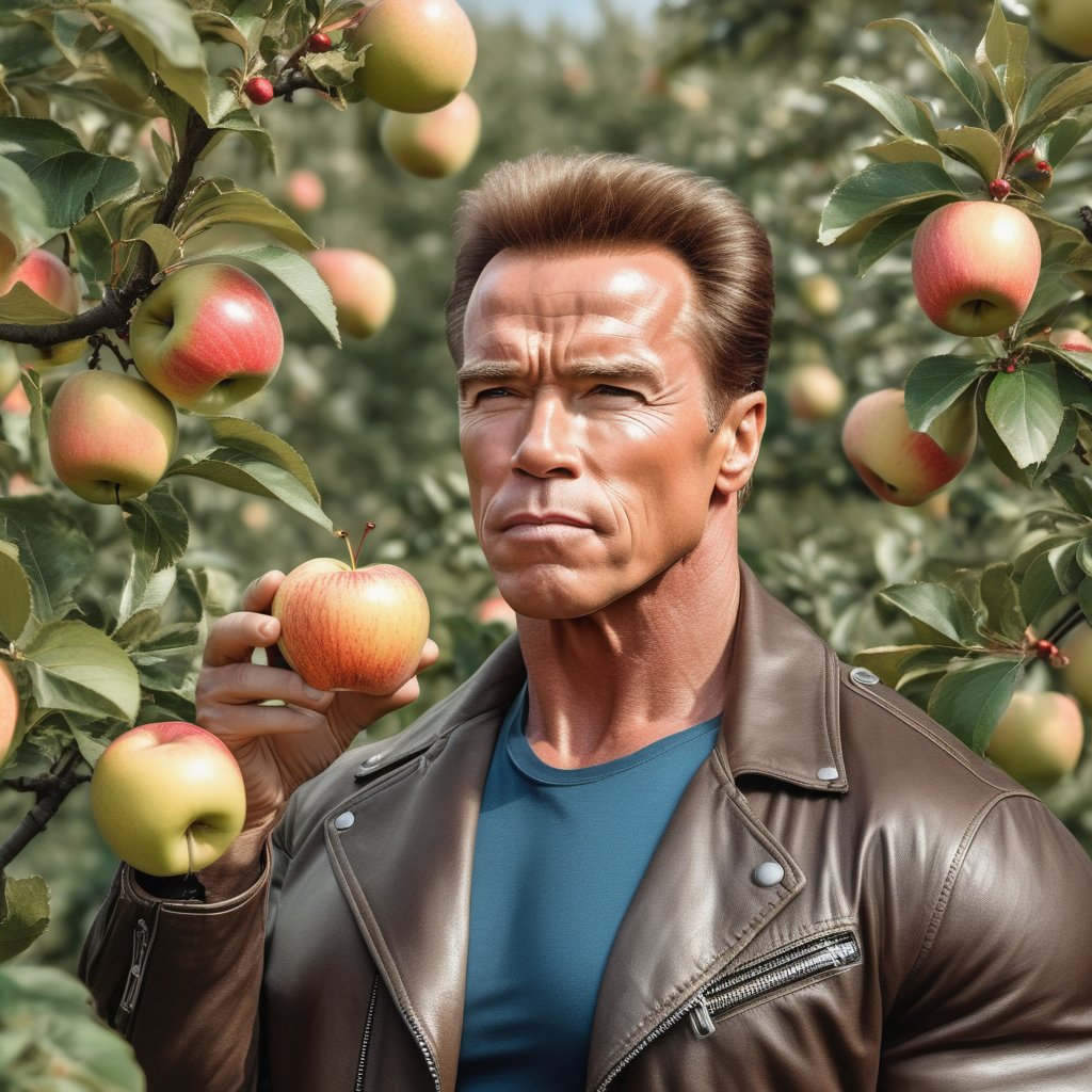  RAW photo of a Terminator Arnold Schwarzenegger picks apples in the garden, the style of realistic hyper-detailed, detailed facial features, instagram, colorized, ((detailed face))