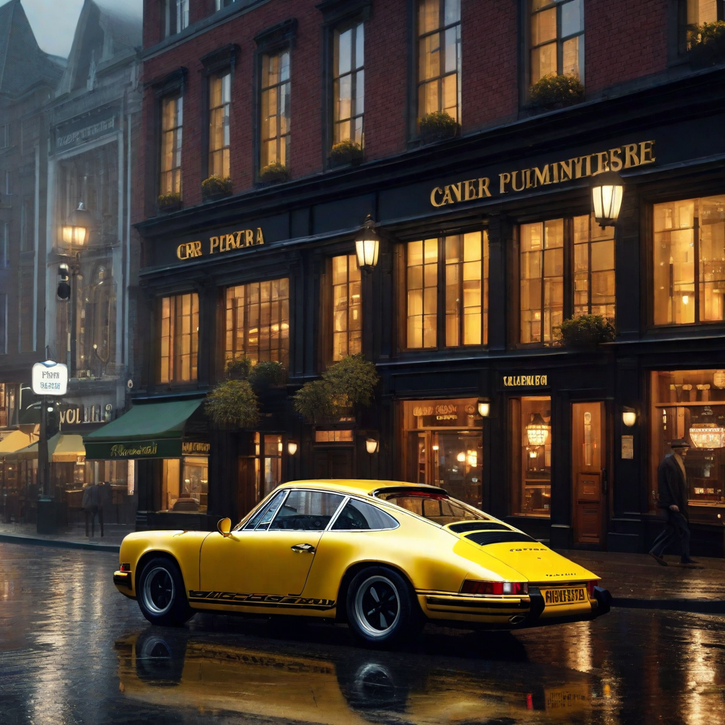  A dark metallic yellow Porsche Carerra (year of manufacture 1972), parking on a downtown main street with shops, in front of a irish pub, rainy weather, puddles on the street, people walking on street, skyscrapers in background, soft very late afternoon light, 8K, HD, detailed. hyperrealistic, full body, detailed clothing, highly detailed, cinematic lighting, stunningly beautiful, intricate, sharp focus, f/1. 8, 85mm, (centered image composition), (professionally color graded), ((bright soft diffused light)), volumetric fog, trending on instagram, trending on tumblr, HDR 4K, 8K