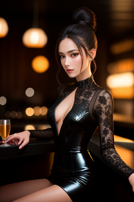  (adult:1.4), Alluring woman, high bun hair, black dress, sitting in bar, masterpiece, (detailed face), (detailed clothes), 1 girl, (woman), f/1.4, ISO 200, 1/160s, 4K, unedited, symmetrical balance, in-frame
